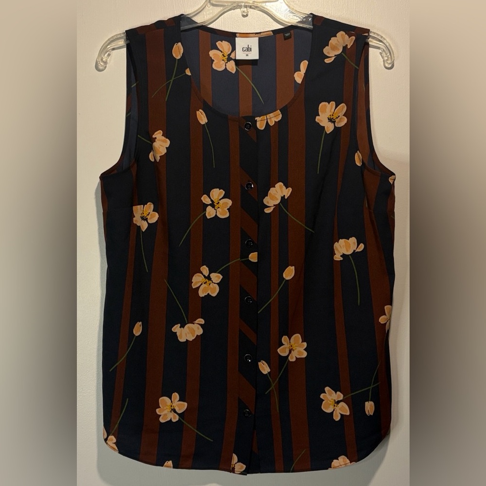 Cabi- BUNDLE! 2 Sleeveless Hi-Low Blouse Tops Floral Stripe + Gold Tie- Size M - Picture 2 of 9